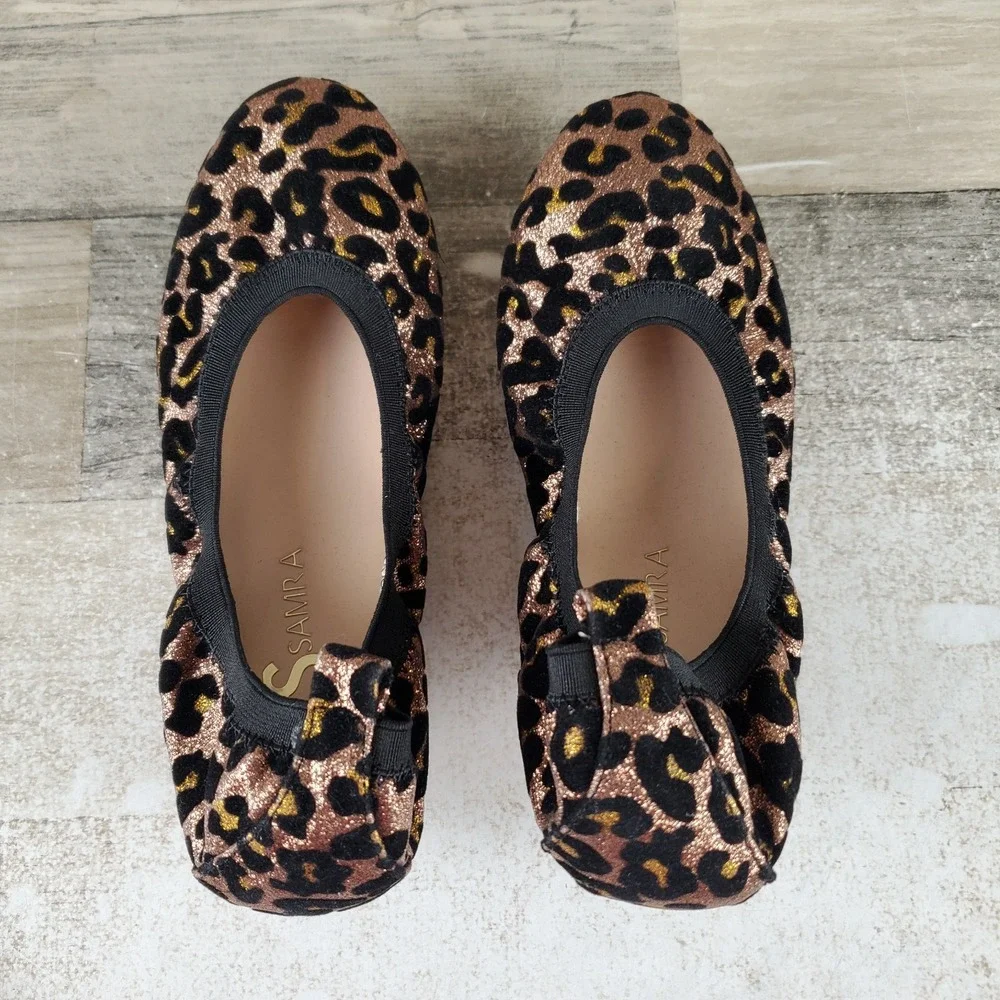 Yosi Samra Miss Samara Womens Glitter Ballet Flat Sz 3 Leopard Print Slip On